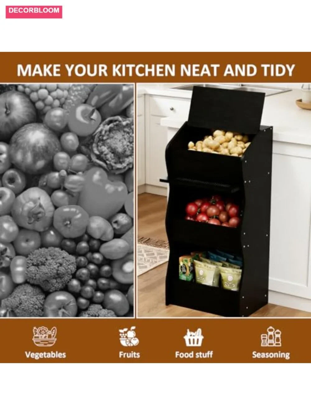 3-Tier Wooden Potato Onion Storage Bin with Lids